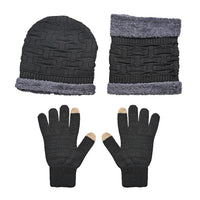 Winter Thick Fleece Lined Beanie Cap Hat Neck Warmer Scarf and Touch Screen Supported Mittens Gloves - Black (3pcs Set)