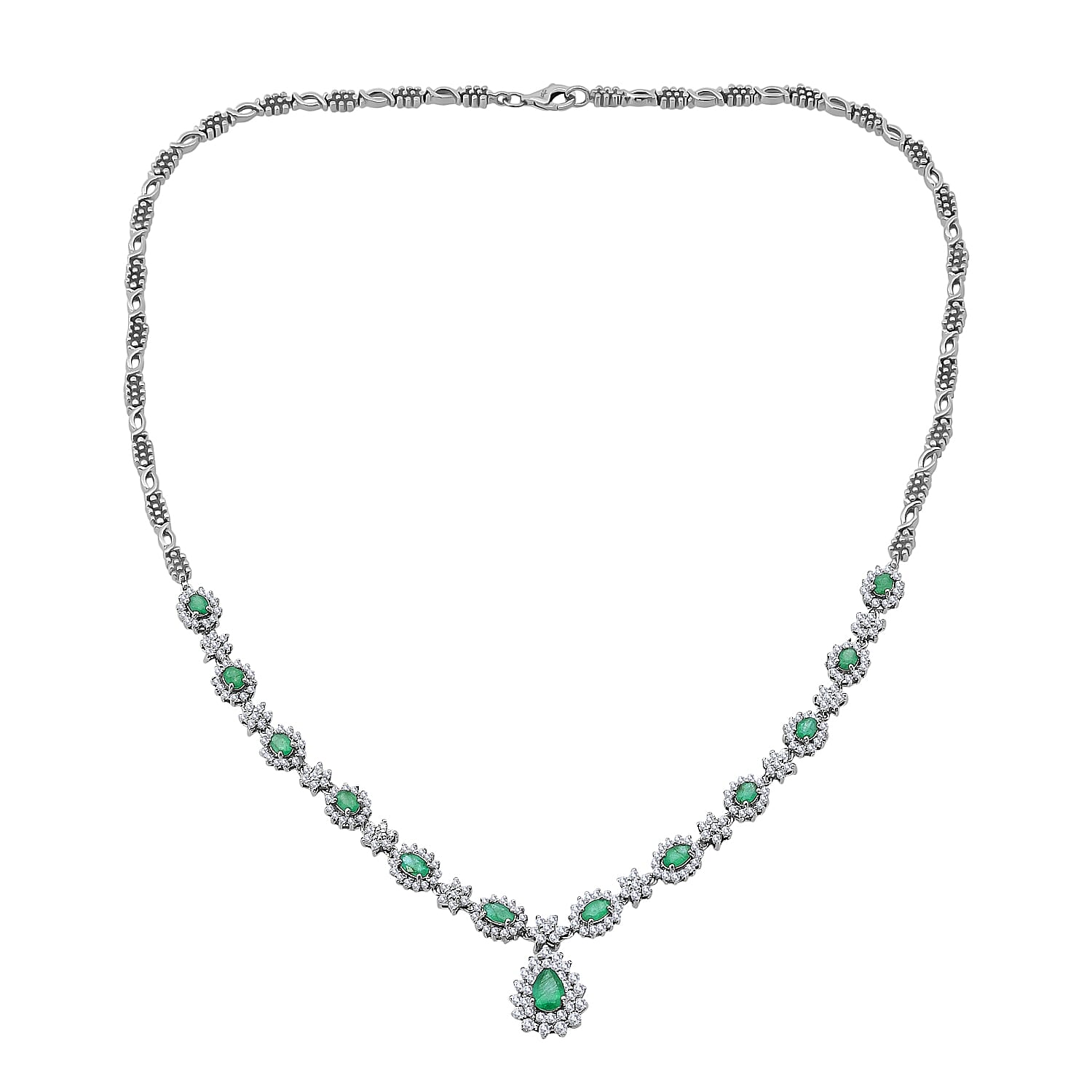 Premium Kagem Zambian Emerald and Moissanite 5.00 ctw Necklace in Rhodium Over Sterling Silver 18 Inches