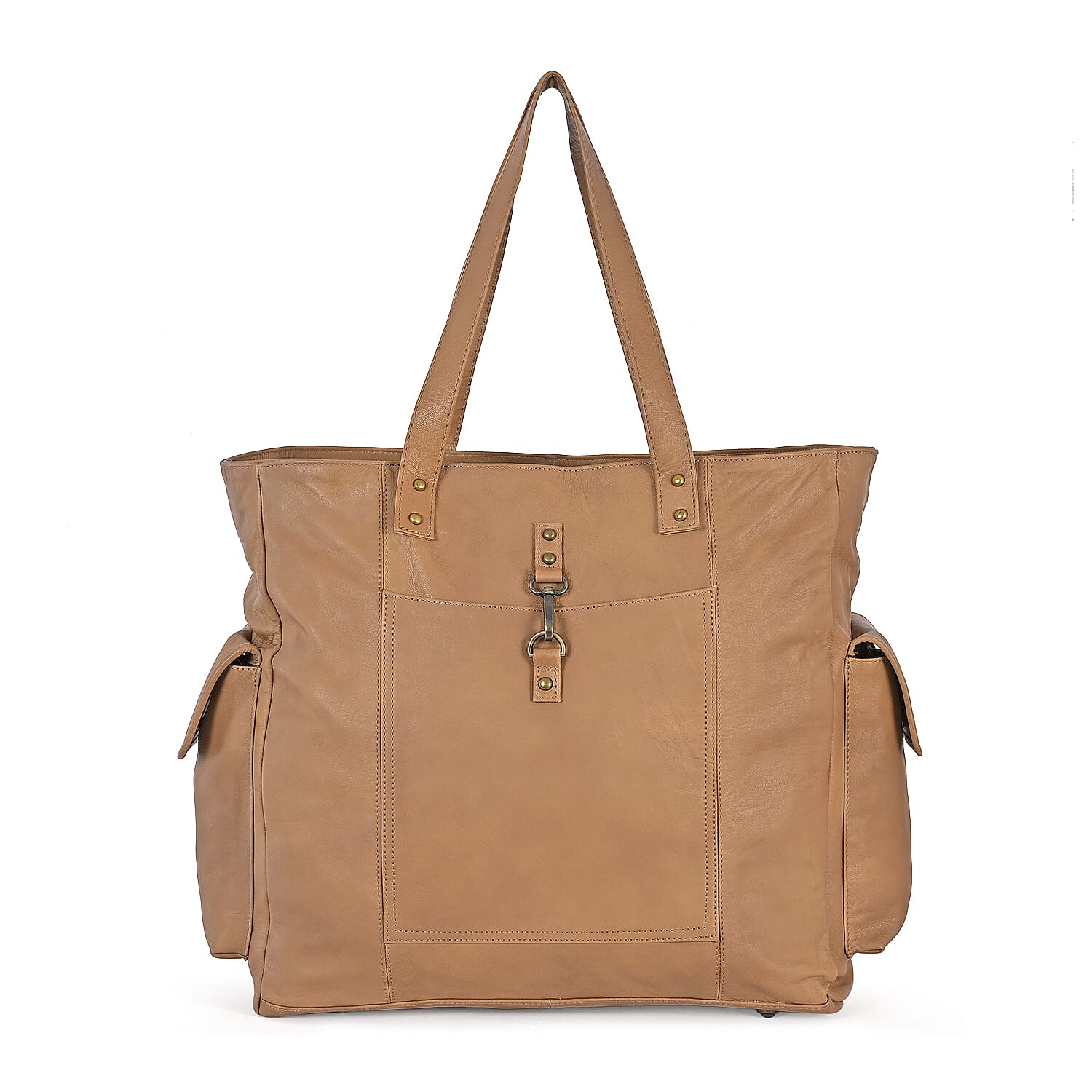 La Marey Tan Genuine Leather Front Pocket Tote Bag (15.74"x15"x6.25")