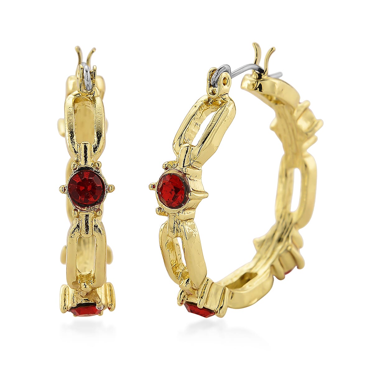 Ruby Color Austrian Crystal Hoop Earrings in Goldtone