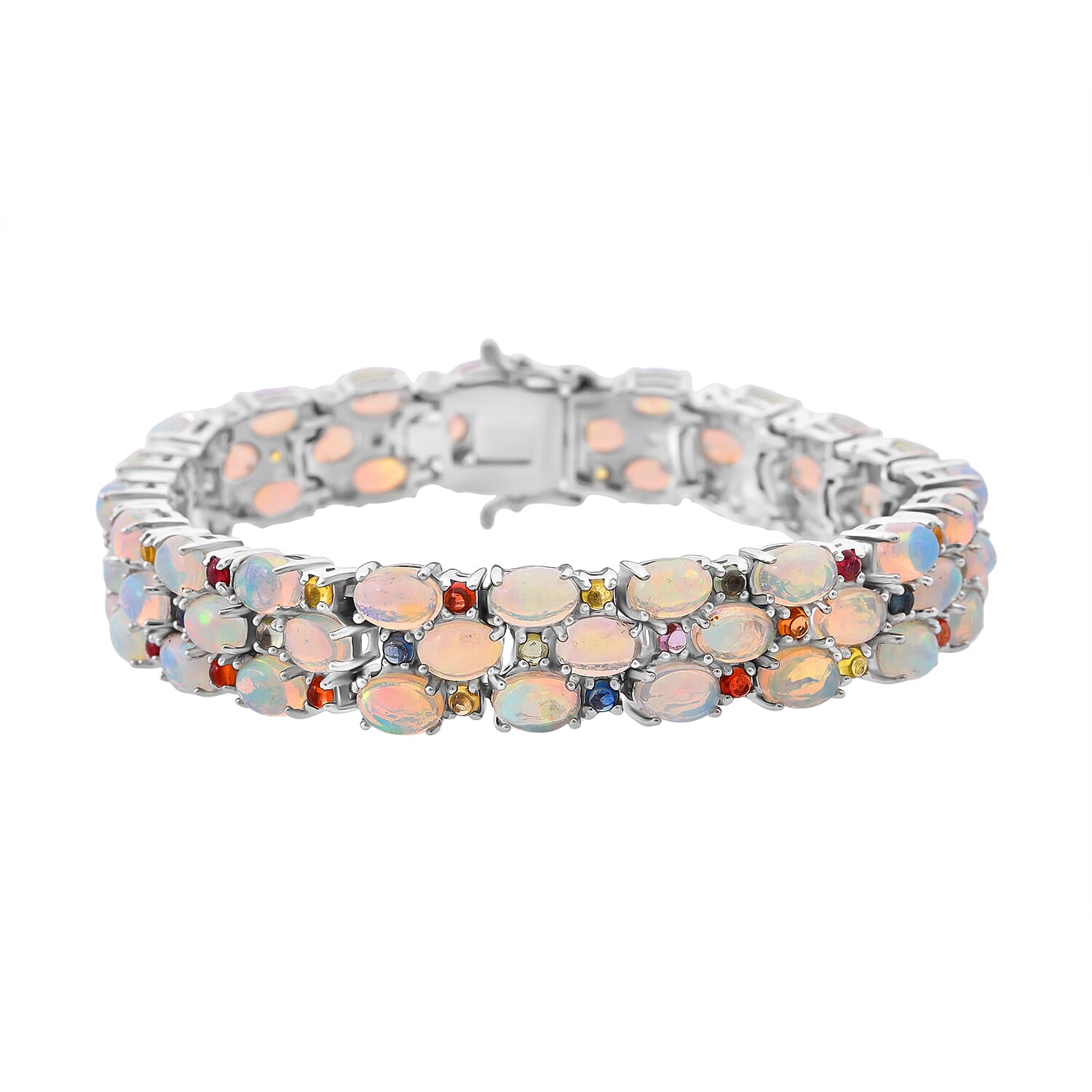 D'Joy Premium Ethiopian Welo Opal, Multi Sapphire Bracelet in Rhodium Over Sterling Silver (6.50 In) 20.80 ctw