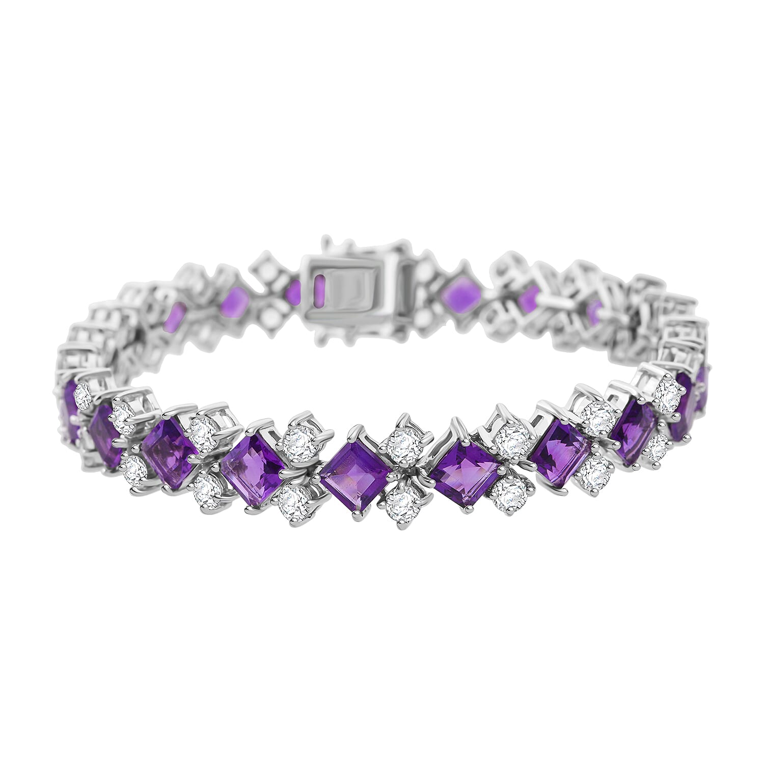 D'Joy African Amethyst, White Topaz Bracelet in Rhodium Over Sterling Silver (6.50 In) 16.80 ctw