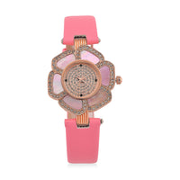 Genoa Pink Mother of Pearl and Austrian Crystal Miyota Japanese Movement Floral Watch with Pink Leather Strap