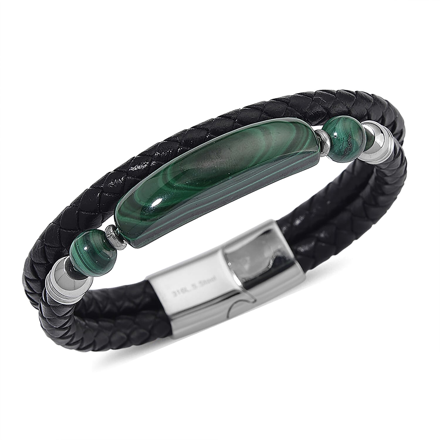 African Malachite 77.00 ctw Bar Bracelet in Stainless Steel and Leather Cord (7.50 In)