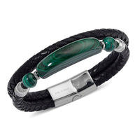 African Malachite 77.00 ctw Bar Bracelet in Stainless Steel and Leather Cord (7.50 In)