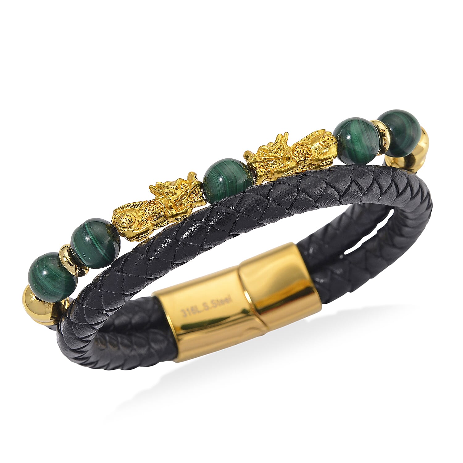 African Malachite 68.50 ctw Beaded and Leather Cord Bracelet in Goldtone (7.50 In)