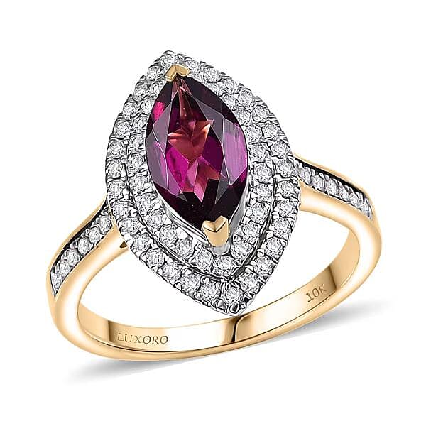 Luxoro AAA Radiant Ember Garnet and I2 Diamond 2.54 ctw Ring in 10K Yellow Gold