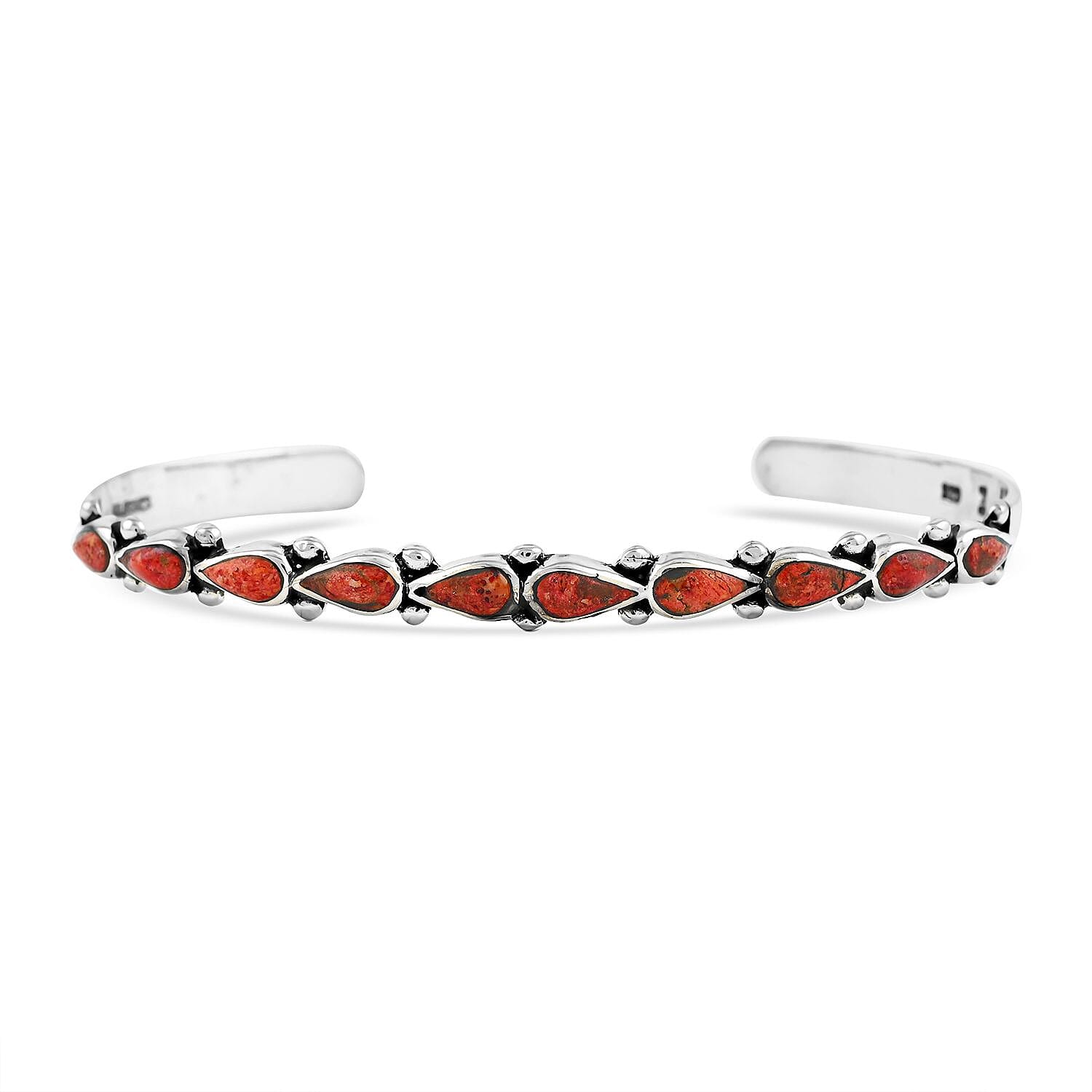 Santa Fe Style Red Coral Cuff Bracelet in Sterling Silver (Adjustable) 12.00 ctw