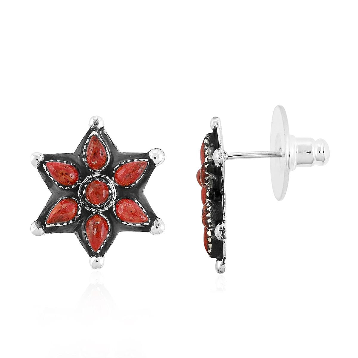 Santa Fe Style Red Coral Earrings in Sterling Silver 10.00 ctw