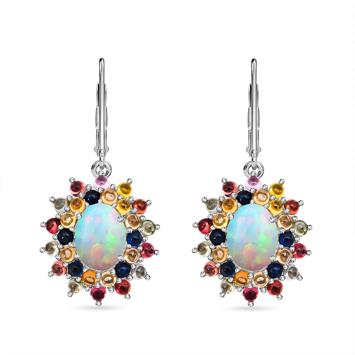 D'Joy Premium Ethiopian Welo Opal and Multi Sapphire 6.50 ctw Celestial Carnival Earrings in Rhodium Over Sterling Silver