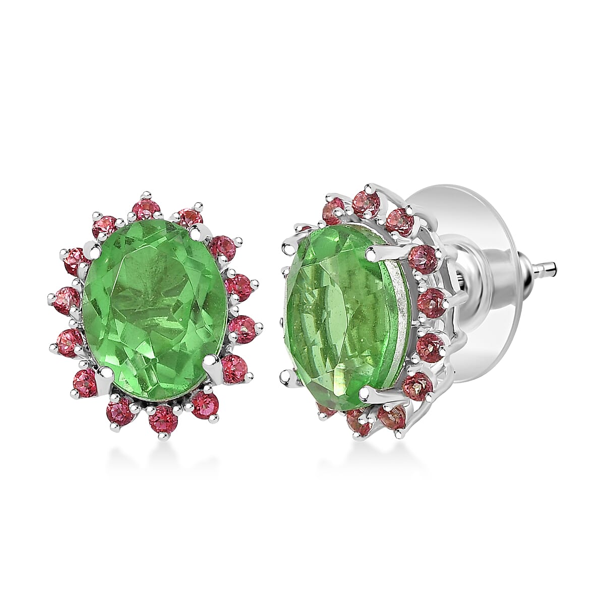 EverTrue Chartreuse Quartz (Triplet) and Signity Pink Topaz 3.35 ctw Classic Halo Earrings in Platinum Bond