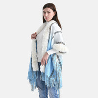 Tamsy Black Kite Shape Embroidered Poncho with Faux Fur Trime and Fringe