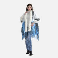 Tamsy Black Rhombus Shape Embroidered Poncho with Faux Fur Trime and Fringe - One Size Fits Most