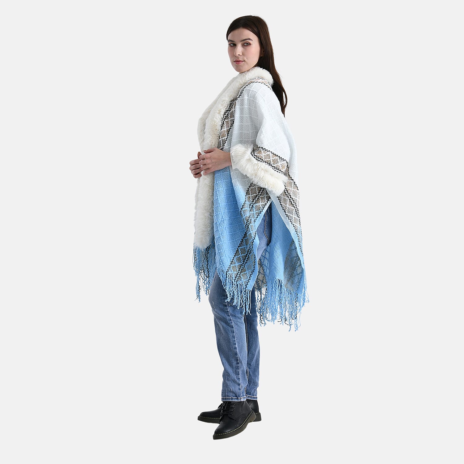 Tamsy Black Rhombus Shape Embroidered Poncho with Faux Fur Trime and Fringe - One Size Fits Most