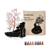 Backflow Incense Burner with Rose Quartz Tree Back Flow Incense Holder with 30 Incense cones Tree - 150 Beads (5.9"x5.1"x7")