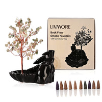 Backflow Incense Burner with Rose Quartz Tree Back Flow Incense Holder with 30 Incense cones Tree - 150 Beads (5.9"x5.1"x7")
