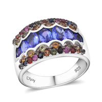 D'Joy Tanzanite, Multi Sapphire Ring in Rhodium Over Sterling Silver (Size 10.0) 3.15 ctw