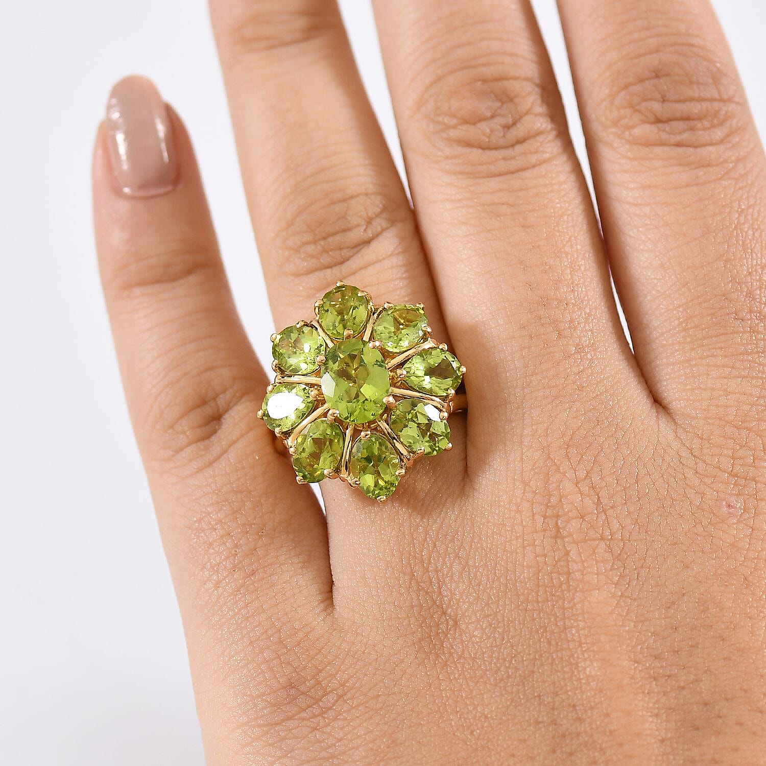 D'Joy Hebei Peridot 8.70 ctw Blooming Flower Ring in 18K Vermeil Yello