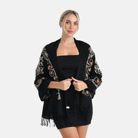 Tamsy Black Soft Embroidered Flower Tassels Scarf