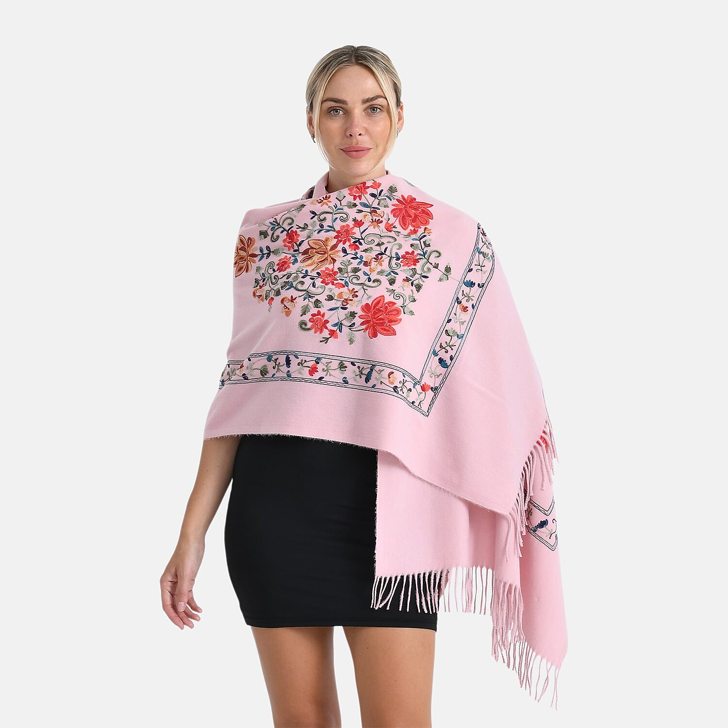TAMSY Light Pink Floral Soft Woven Embroidered Scarf with Tassels – One Size
