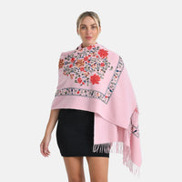 TAMSY Light Pink Floral Soft Woven Embroidered Scarf with Tassels – One Size
