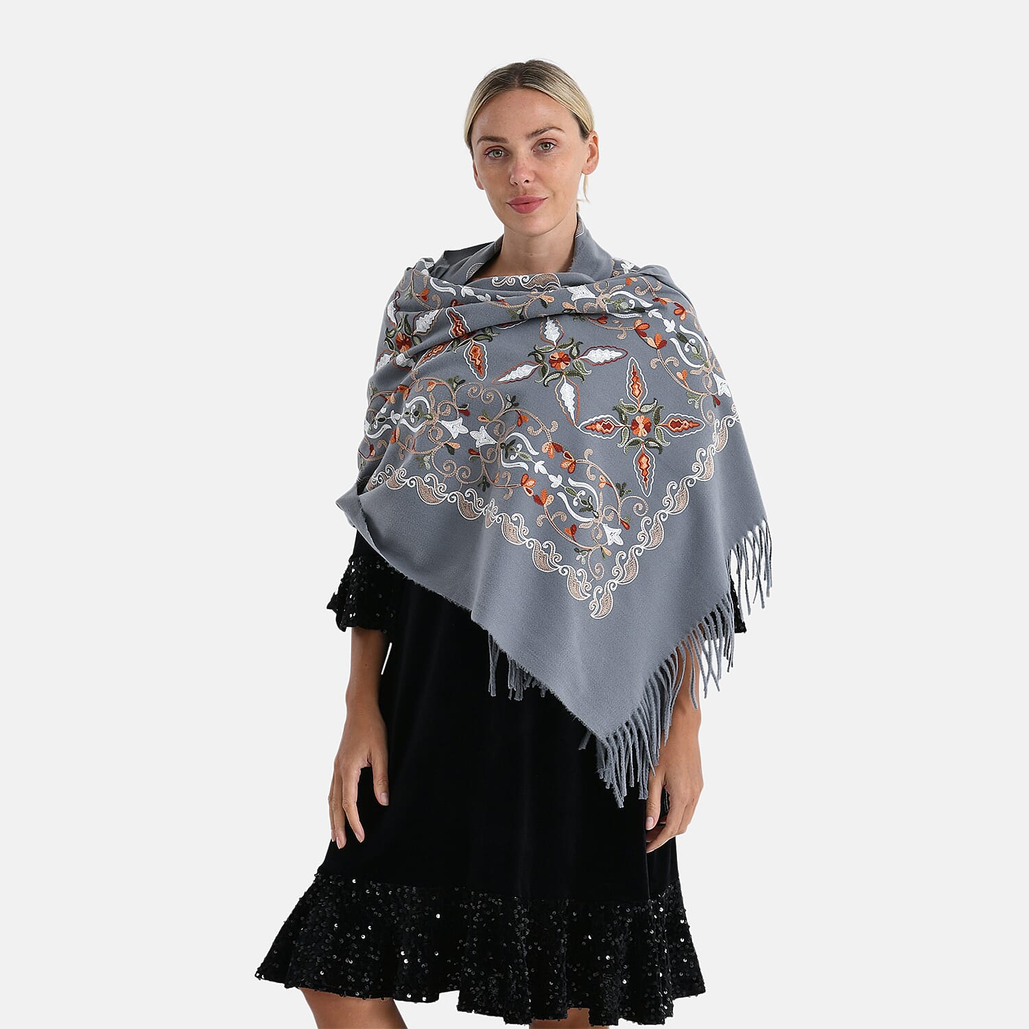 Tamsy Grey Polyester Soft Embroidered Flower Tassels Scarf (27.5"x70.8")