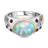 Ethiopian Welo Opal and Multi Sapphire 3.19 ctw Ring in Rhodium Over Sterling Silver (Size 8)