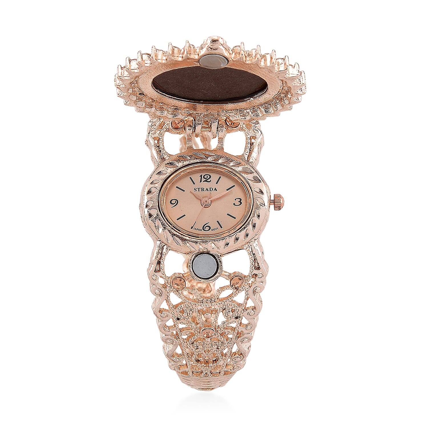Strada Coffee Cameo and Multi Color Crystal Japanese Movement Bangle Watch in Goldtone 8.00 ctw