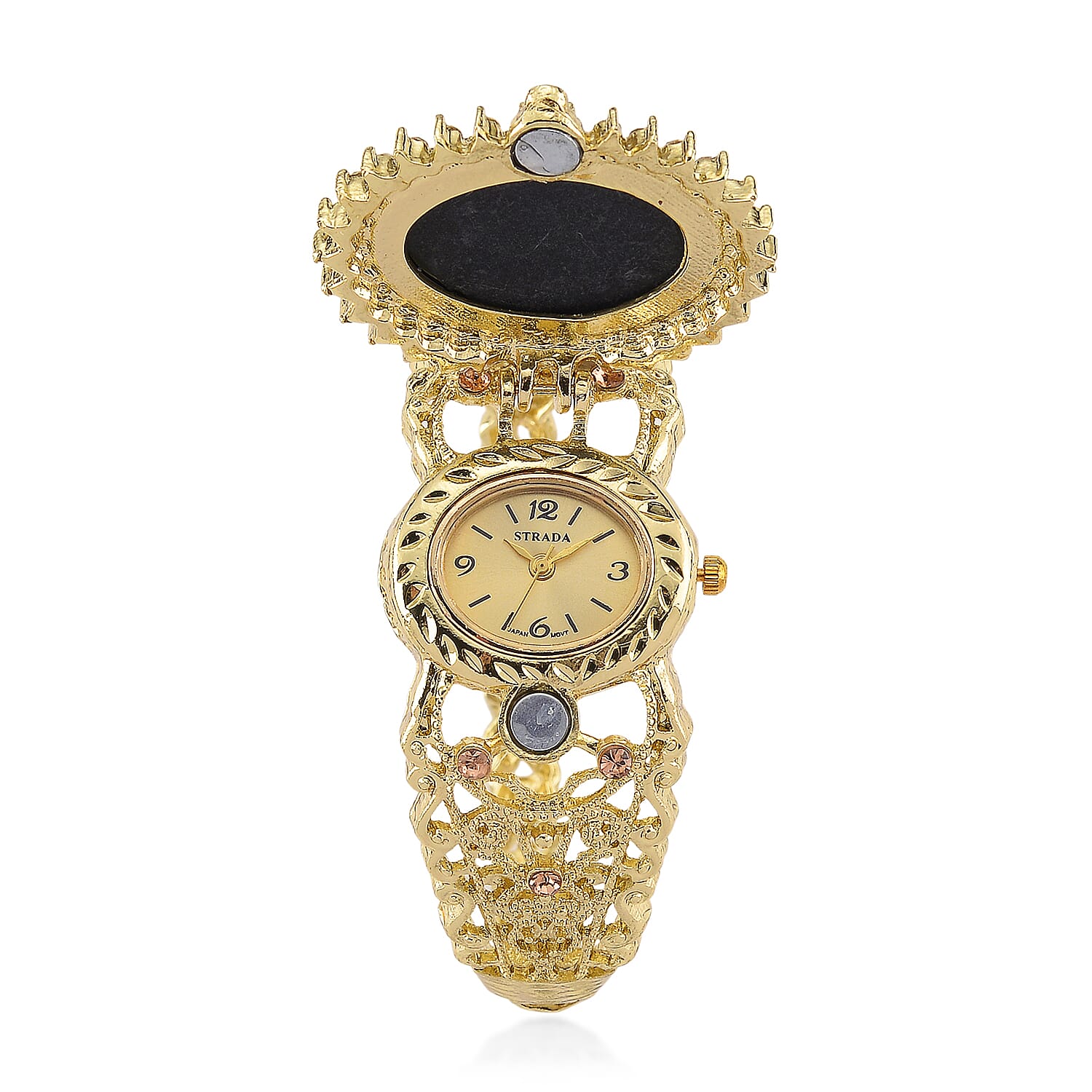 Strada Coffee Cameo and Multi Color Crystal Japanese Movement Bangle Watch in Goldtone 8.00 ctw