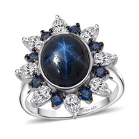 D'Joy Premium Blue Star Sapphire (DF) and Multi Gemstone 8.10 ctw Stellar Bloom Ring in Rhodium Over Sterling Silver (Size 10.0)