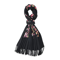 Tamsy Black Embroidery Faux Wool Scarf with Fringe Faux Wool