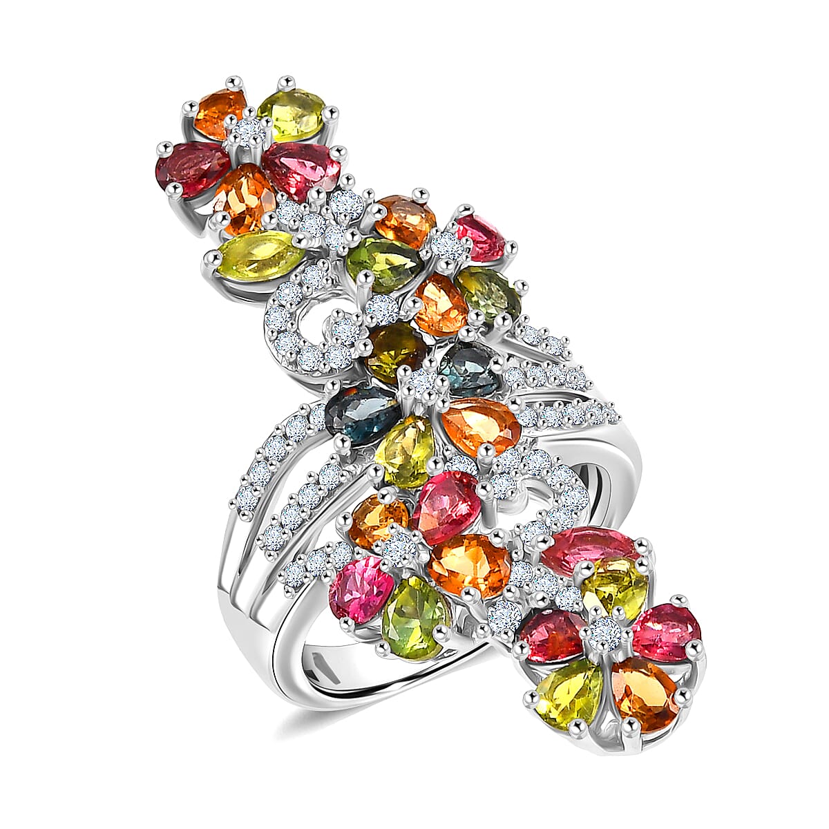 D'Joy Premium Multi-Tourmaline and White Zircon 4.75 ctw Ring in Rhodium Over Sterling Silver