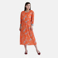 Tamsy Orange Pleated 3/4 Sleeve Midi Dress with Waist Tie Belt - One Size Fits Most - Sticky add to cart bar