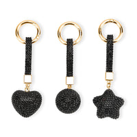Livmore Black Glass and Crystal 3-piece Set Heart, Star and Ball Keychain in Goldtone