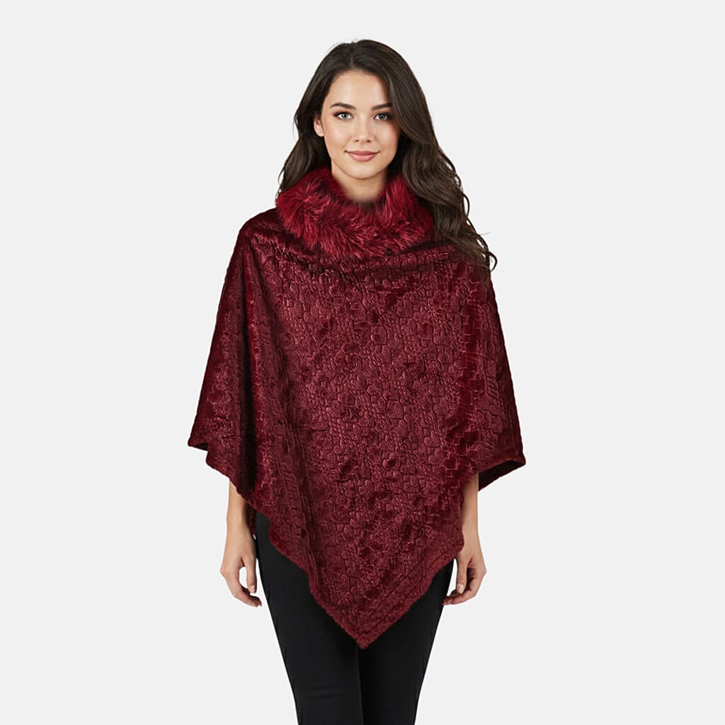 TAMSY Wine Jacquard Poncho with Fur Collar – One Size Fits Most