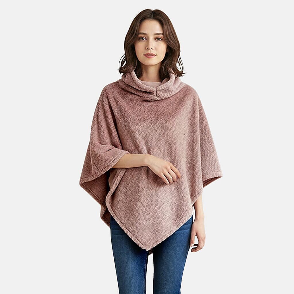 Tamsy Blush Fur Collar Shawl with Hoodie - One Size Fits Most