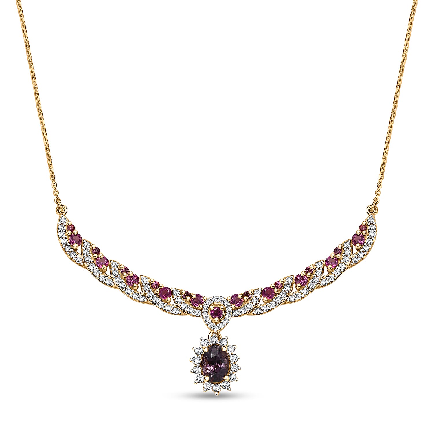 D'Joy Royal Lavender Spinel and Multi Gemstone 3.25 ctw Cascading Crown Necklace in 18K Vermeil Yellow Gold Over Sterling Silver 18 Inches