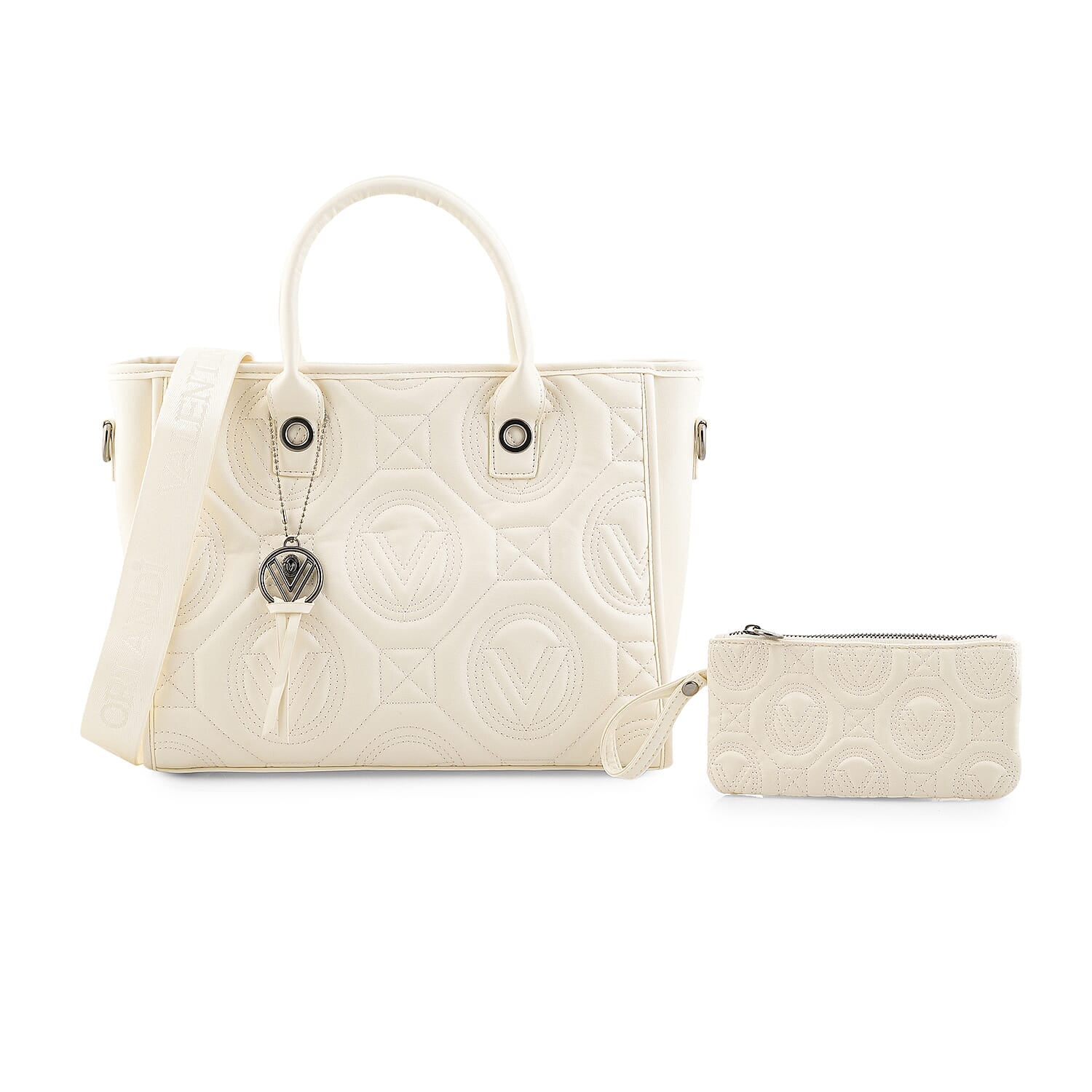 Valentino Orlandi White Vegan Leather Quilted Tote with Removable Shoulder Strap