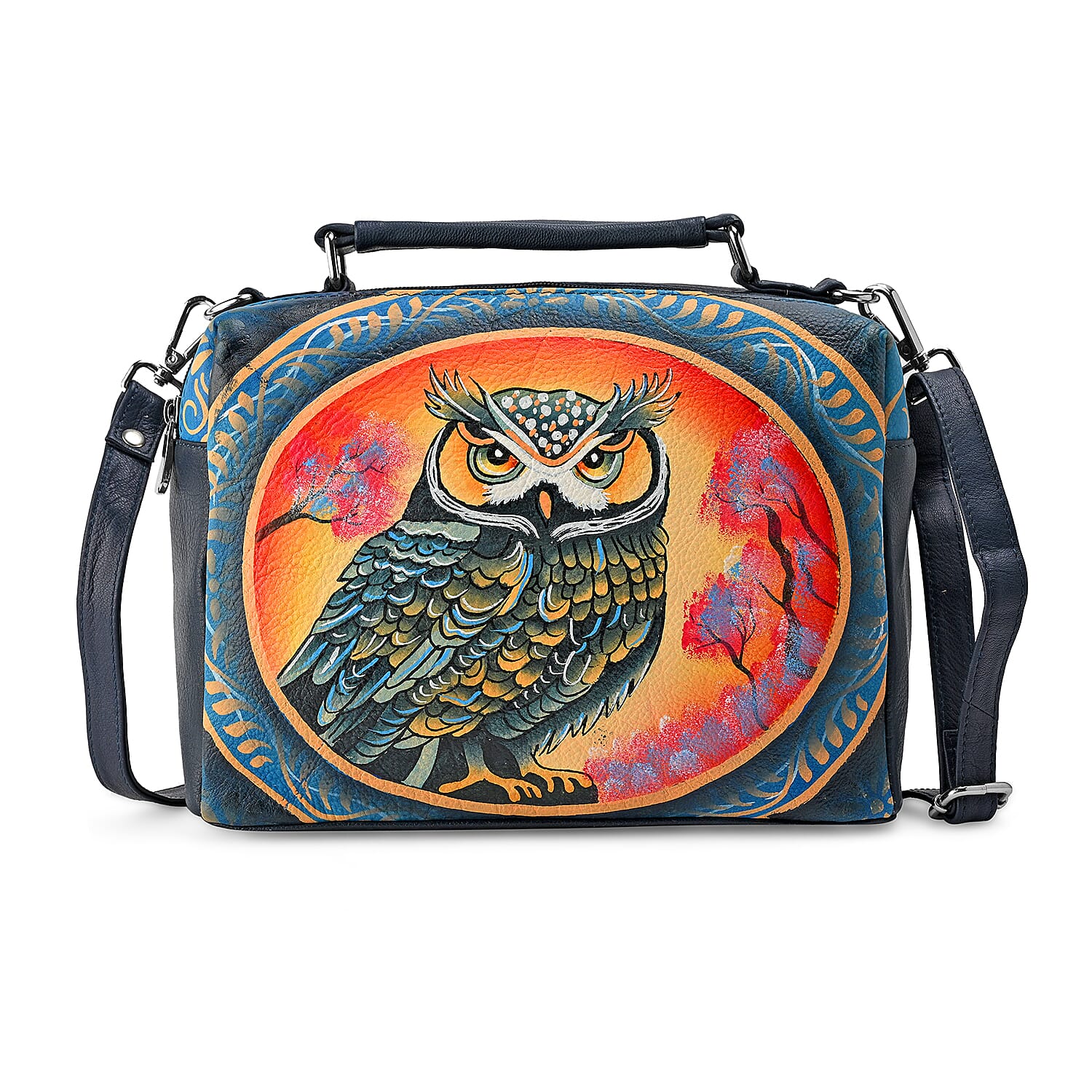 LA Marey Navy Genuine Leather Handpainted Handbag (10"x7.5"x4.5") with Detachable Shoulder Strap