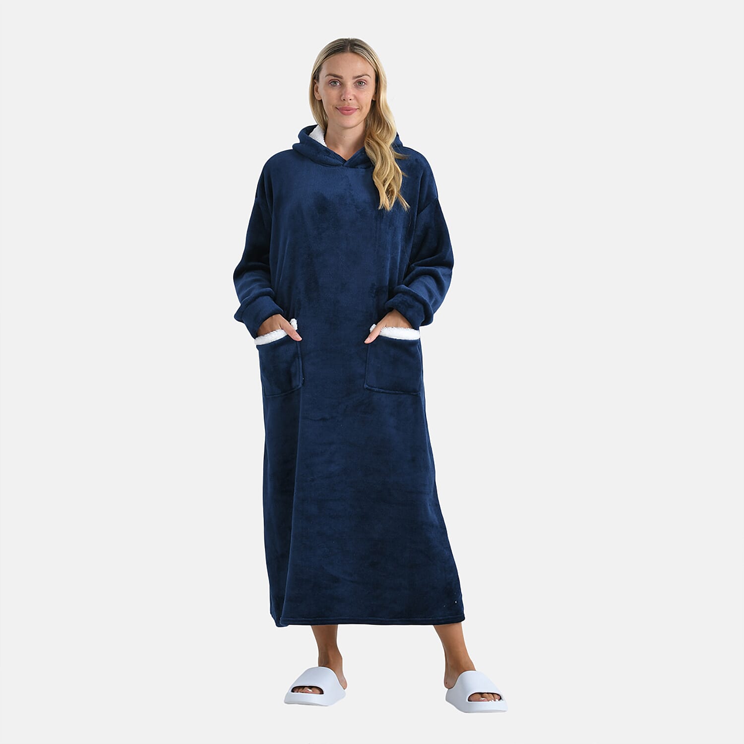 Tamsy Navy Long Fleece Hoodie Sweater Blanket with 2 Front Pockets (49.21"x28.3")