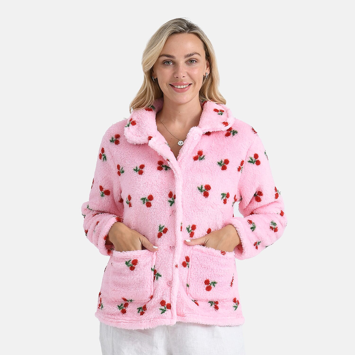 Tamsy Pink Cherry Fleece Long Sleeves Lounge Top - Medium