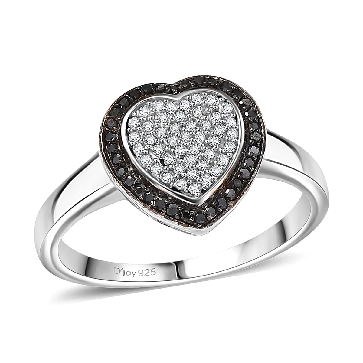 D'Joy White and Black Diamond 0.25 ctw Heart Ring in Rhodium Over Sterling Silver (Size 10.0)