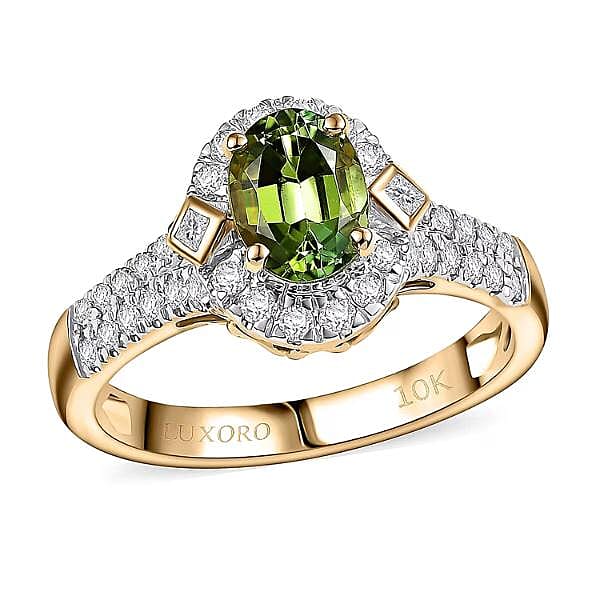 Certified & Appraised Luxoro AAA Sapo Green Tourmaline and I2 Diamond 1.77 ctw Ring in 10K Yellow Gold (Size 10.0)