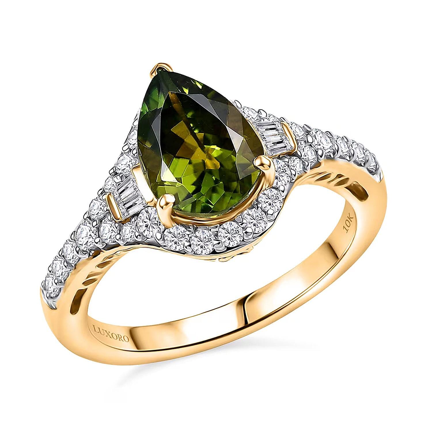 Certified & Appraised Luxoro AAA Sapo Green Tourmaline and I2 Diamond 1.90 ctw Ring in 10K Yellow Gold (Size 10.0)
