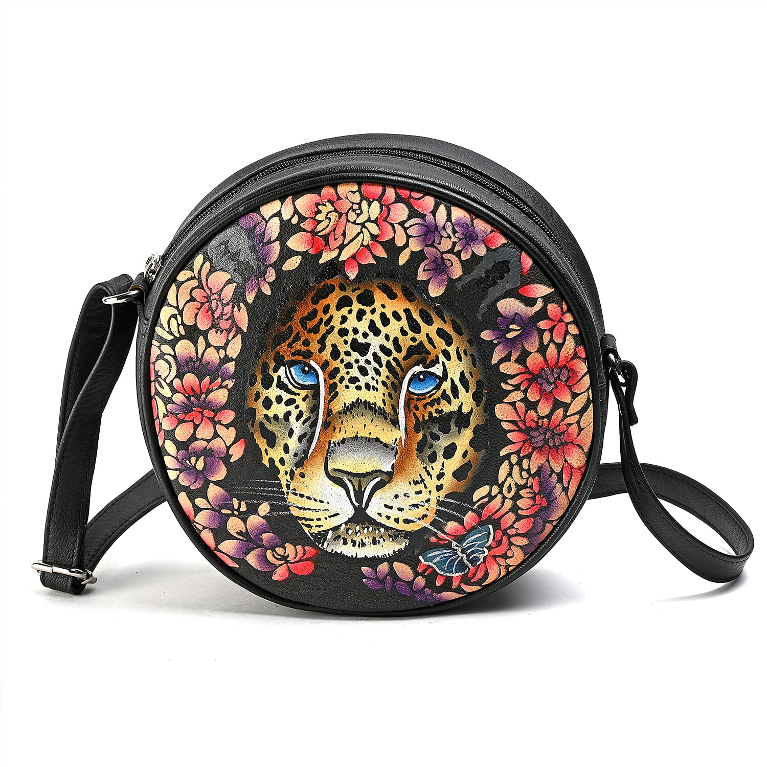 LA Marey Black Genuine Leather Handpainted Round Handbag (8.25"x8.25"x2.5") with Detachable Shoulder Strap