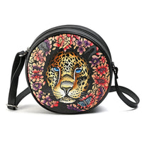 LA Marey Black Genuine Leather Handpainted Round Handbag (8.25"x8.25"x2.5") with Detachable Shoulder Strap