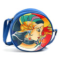 LA Marey Black Genuine Leather Handpainted Round Handbag (8.25"x8.25"x2.5") with Detachable Shoulder Strap - Sticky add to cart bar