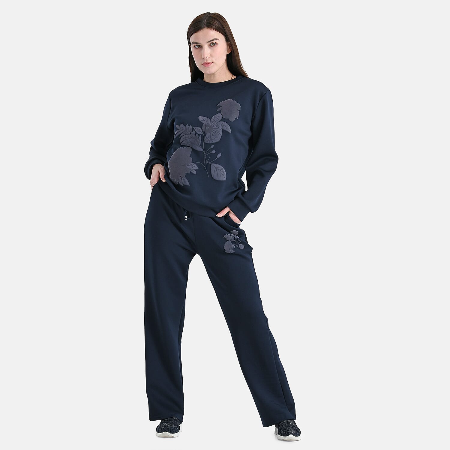 Tamsy Navy Embossed Print 2 piece Sweater Pant Set - S/M