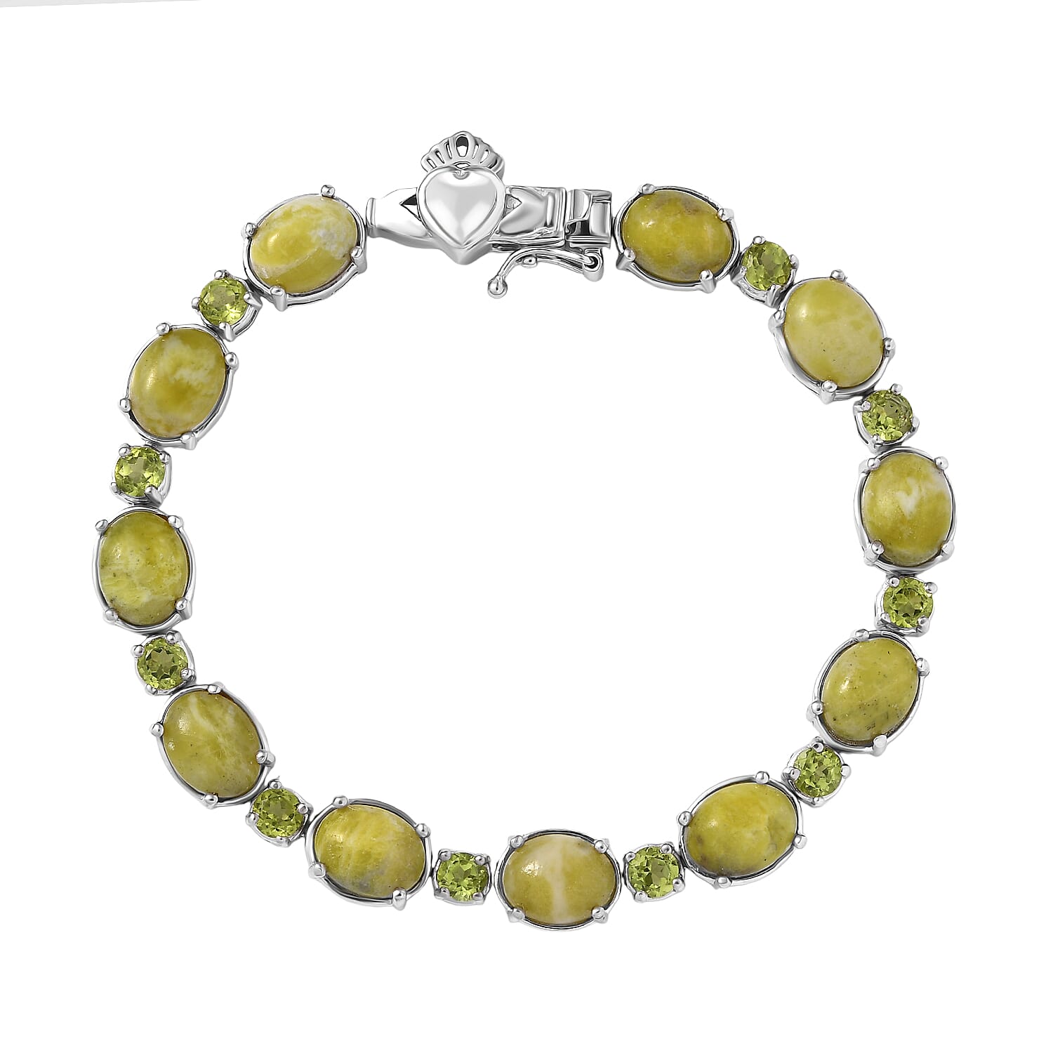 EverTrue Connemara Marble, Peridot Claddagh Bracelet in Platinum Bond (7.25 In) 25.25 ctw
