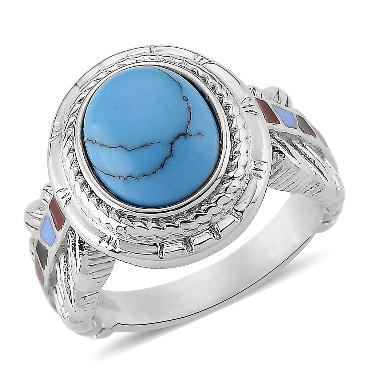 Blue Howlite and Enameled Feather Ring in Stainless Steel (Size 10.0) 1.50 ctw